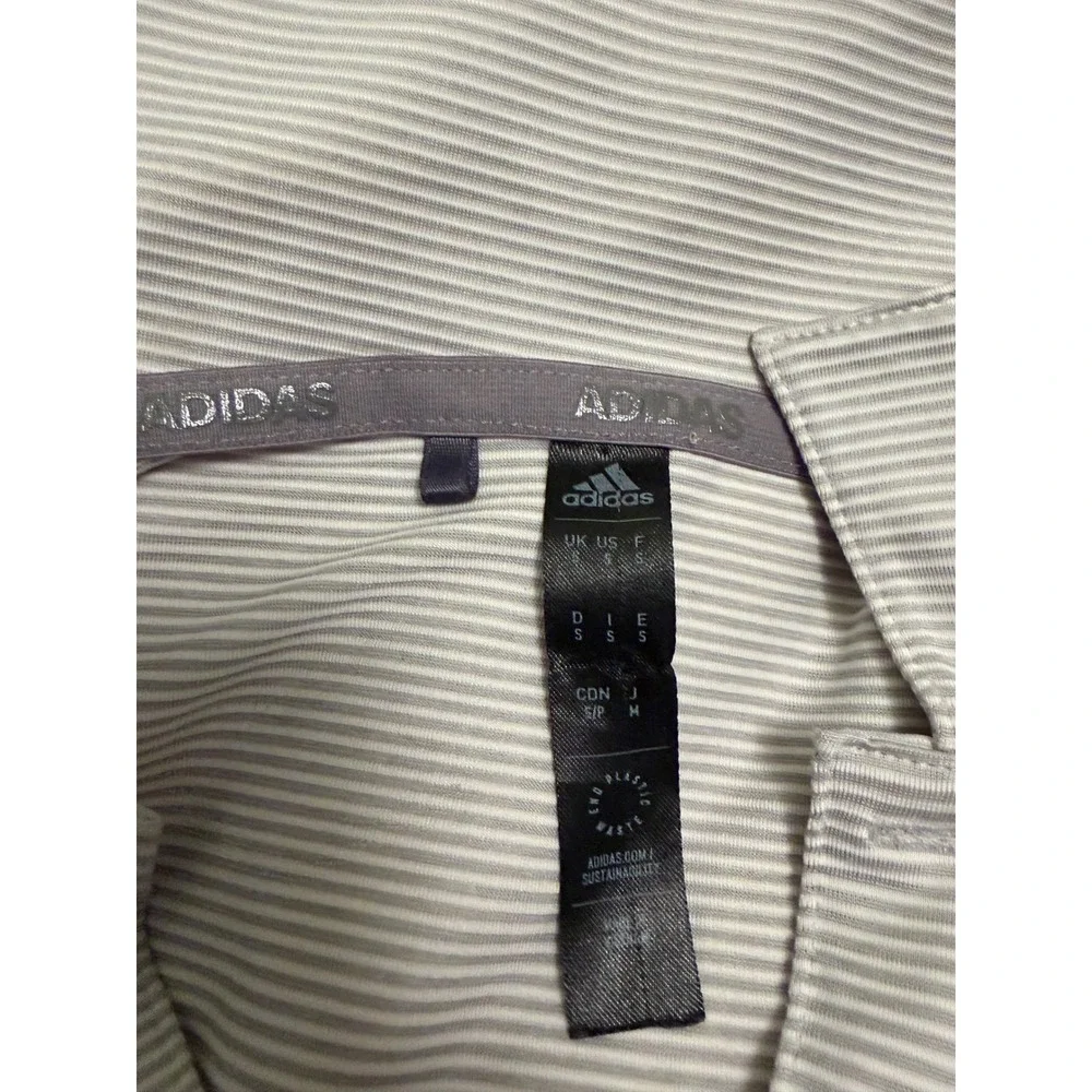 Adidas Mens Striped Performance Polo Shirt Grey White Short Sleeve Size Small